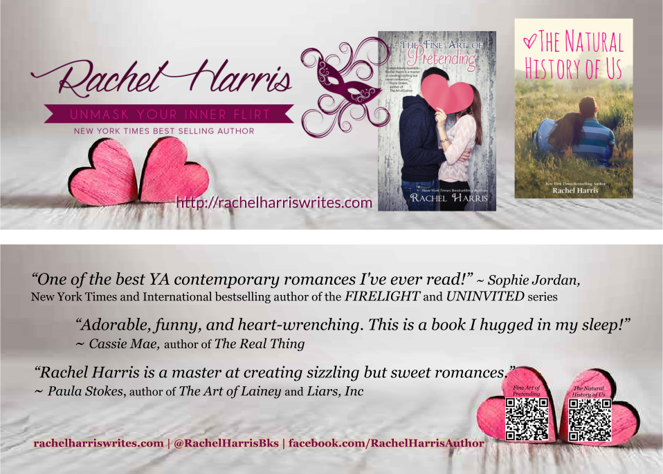 bookmarks for Rachel Harris THE FINE ART OF PRETENDING and THE NATURAL HISTORY OF US including both book covers on a white background with pink hearts
