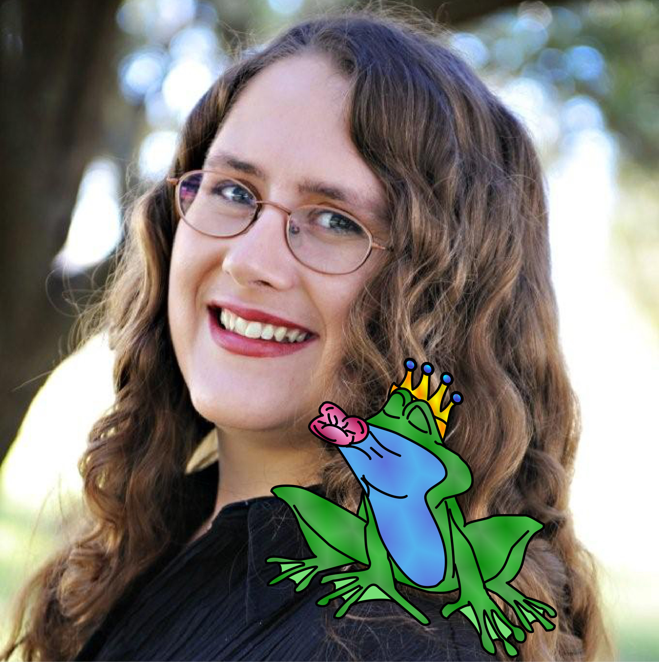author Veronica Bartles with a cartoon frog on her shoulder