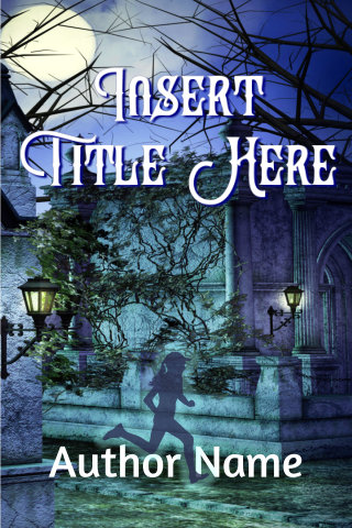 sample bookcover with moonlit crypt and a ghostly shadow of a girl running across
