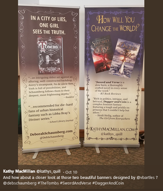 banners for Deborah Schaumberg's THE TOMBS and Kathy MacMillan's SWORD AND VERSE series