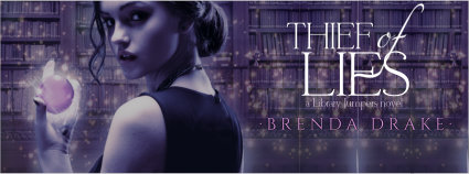 facebook header featuring the cover of Brenda Drake's THIEF OF LIES - a girl standing in front of a backdrop of library shelves, holding a sparkly, pink orb