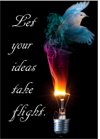 lightbulb bursting into colorful flame, with a blue bird coalescing from the smoke, and the words: Let your ideas take flight.