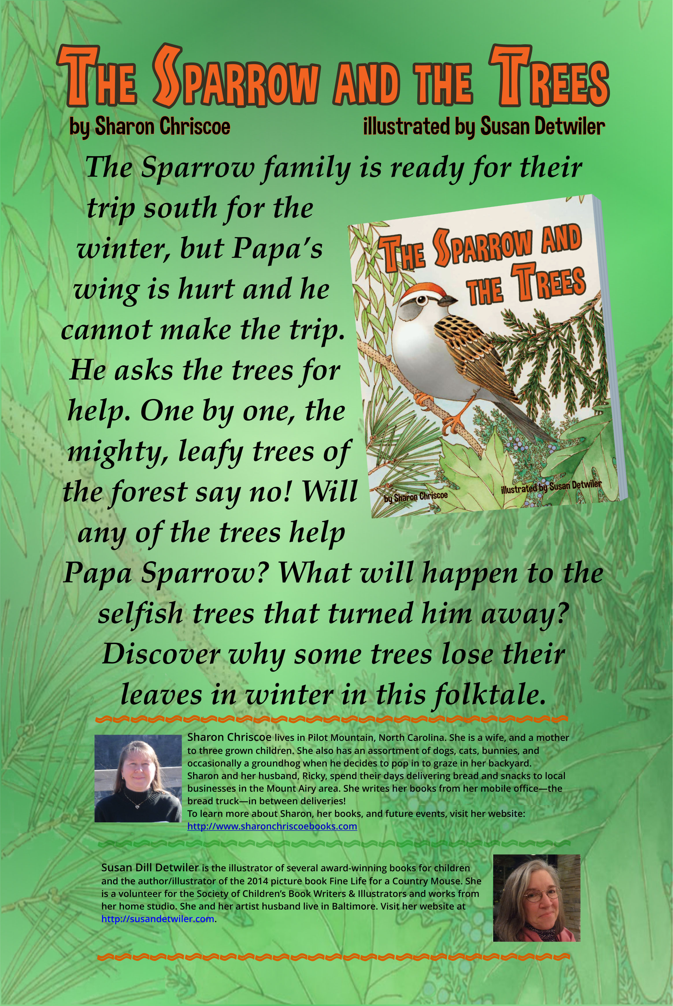 green background with THE SPARROW AND THE TREES in orange type, the book cover for the picture book THE SPARROW AND THE TREES, and aa synopsis of the book