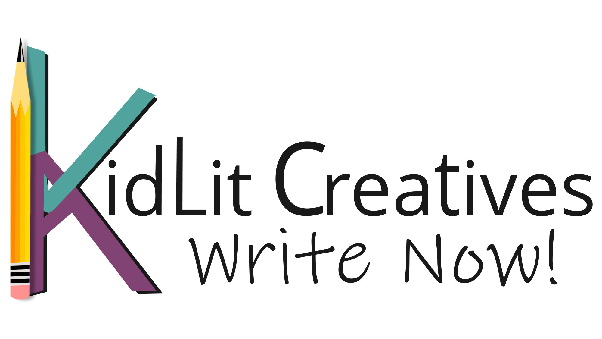 text: KidLit Creatives Write Now! on a white background, where the K in KidLit is made up of a green V stacked on top of a purple A, with a sharpened pencil for the upright of the letter
