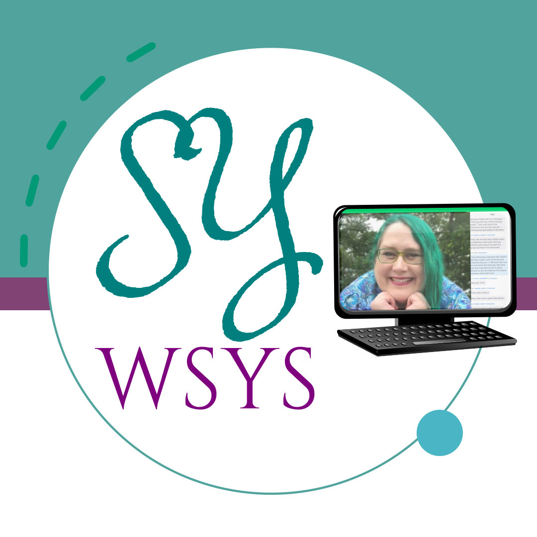 SYWSYS in green and purple in the center of a white circle, in front of a background of green and purple stripes, with an illustrated computer that shows a smiling picture of Veronica Bartles and a chat window on the screen