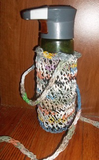 multicolored water bottle carrier knit from plastic bags