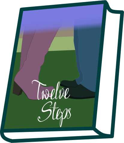 illustration of Twelve Steps by Veronica Bartles: two sets of feet, one with purple boots, and one with jeans and black shoes, facing each other, while standing on a patch of green grass