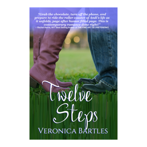 Twelve Steps by Veronica Bartles: two sets of feet, one with purple boots, and one with jeans and black shoes, facing each other, while standing on a patch of green grass