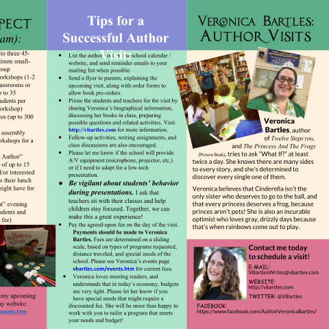 screenshot of author visit brochure: rectangle with sections of green, blue, cream, and pink, containing photos of author Veronica Bartles, and text about author visits