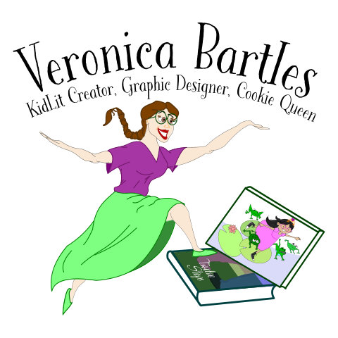 illustration of author Veronica Bartles, wearing a green skirt and purple shirt, stepping onto her books, Twelve Steps, and The Princess and the Frogs