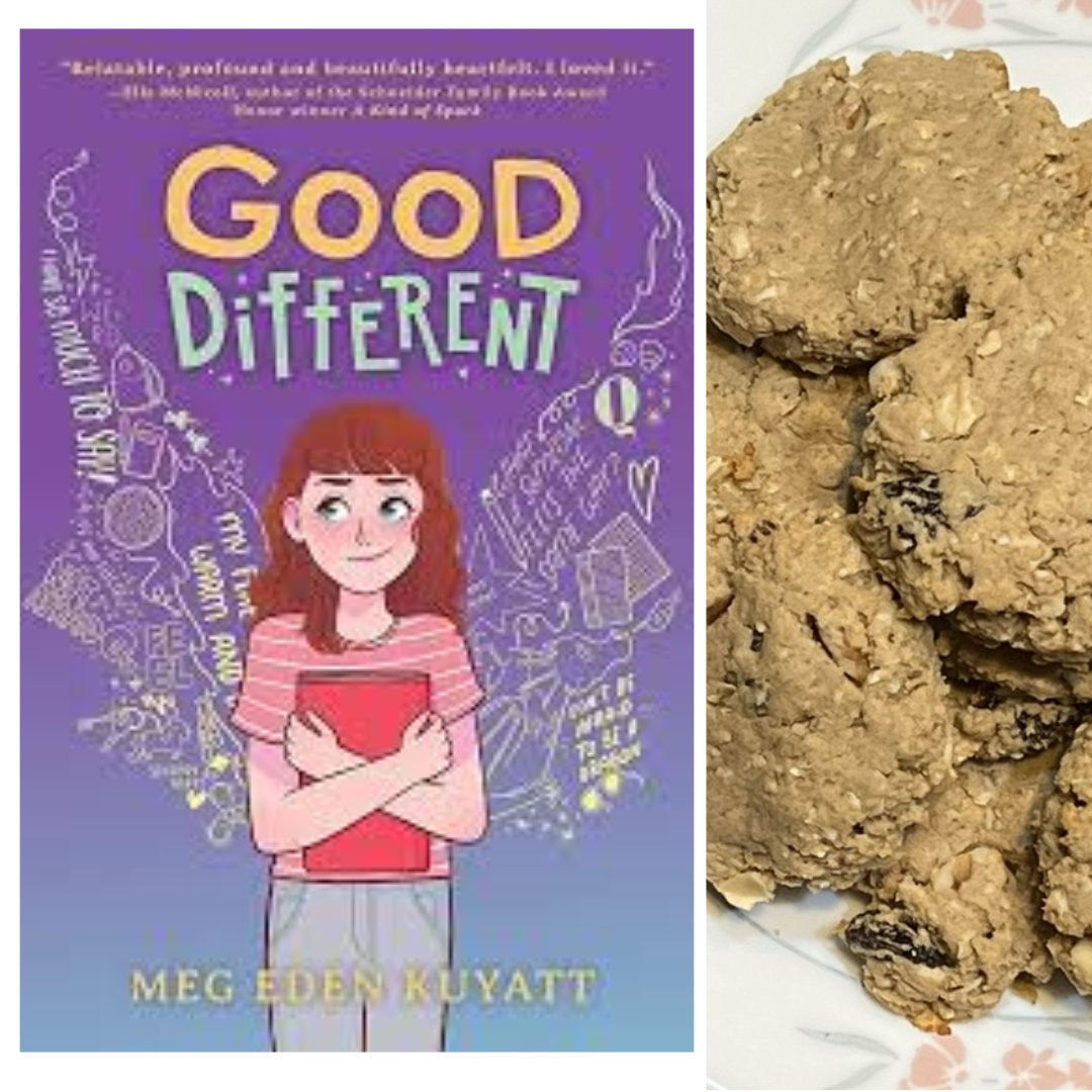 oatmeal raisin cookies on a white plate with a pink flower border, centered on a brown, tan, and turquoise round placemat book cover for GOOD DIFFERENT by Meg Eden Kuyatt is shown in a column along the left edge of the photo