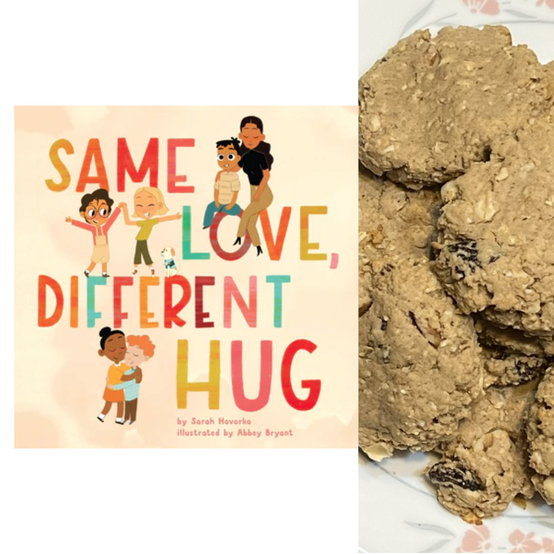 oatmeal raisin cookies on a white plate with a pink flower border, centered on a brown, tan, and turquoise round placemat book cover for SAME LOVE, DIFFERENT HUG by Sarah Hovorka and Abbey Bryant is shown in a column along the left edge of the photo