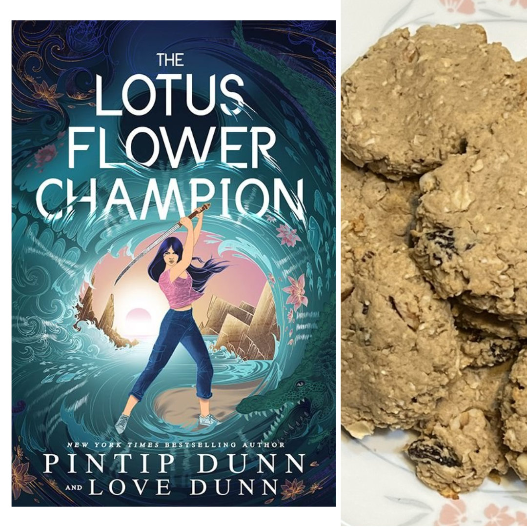 oatmeal raisin cookies on a white plate with a pink flower border, centered on a brown, tan, and turquoise round placemat book cover for THE LOTUS FLOWER CHAMPION by Pintip and Love Dunn is shown in a column along the left edge of the photo