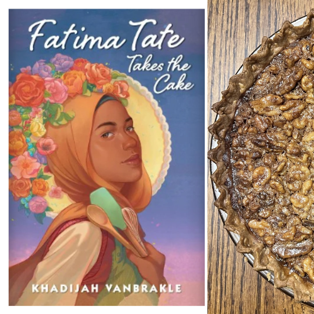 close-up photo of a chocolate walnut pie on a wooden tabletop, with the cover of FATIMA TATE TAKES THE CAKE by Khadijah VanBrakle in a column along the left edge of the photo