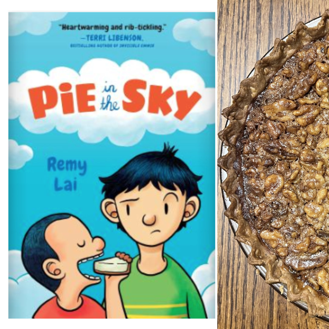 close-up photo of a chocolate walnut pie on a wooden tabletop, with the cover of PIE IN THE SKY by Remi Lai in a column along the left edge of the photo