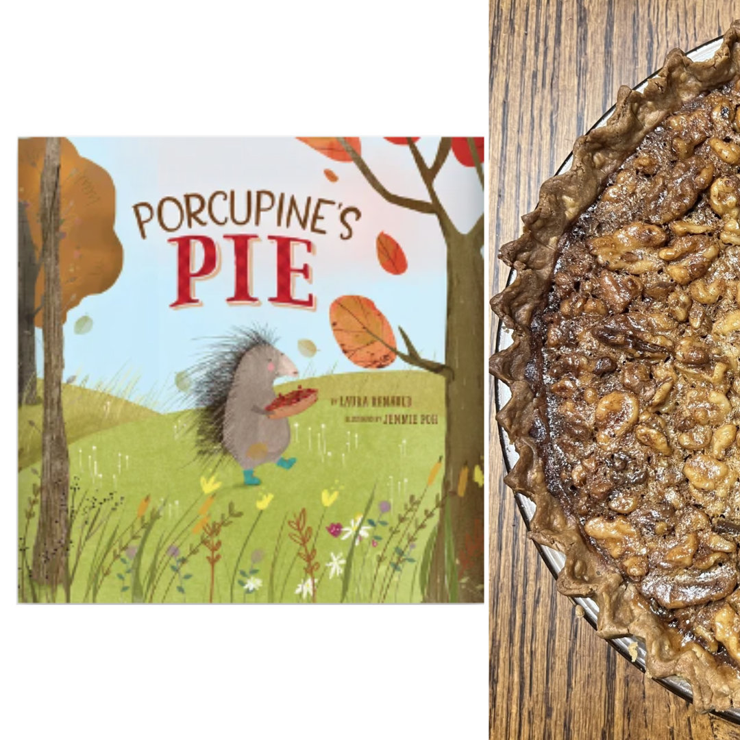 close-up photo of a chocolate walnut pie on a wooden tabletop, with the cover of PORCUPINE'S PIE by Laura Renauld and Jennie Poh in a column along the left edge of the photo