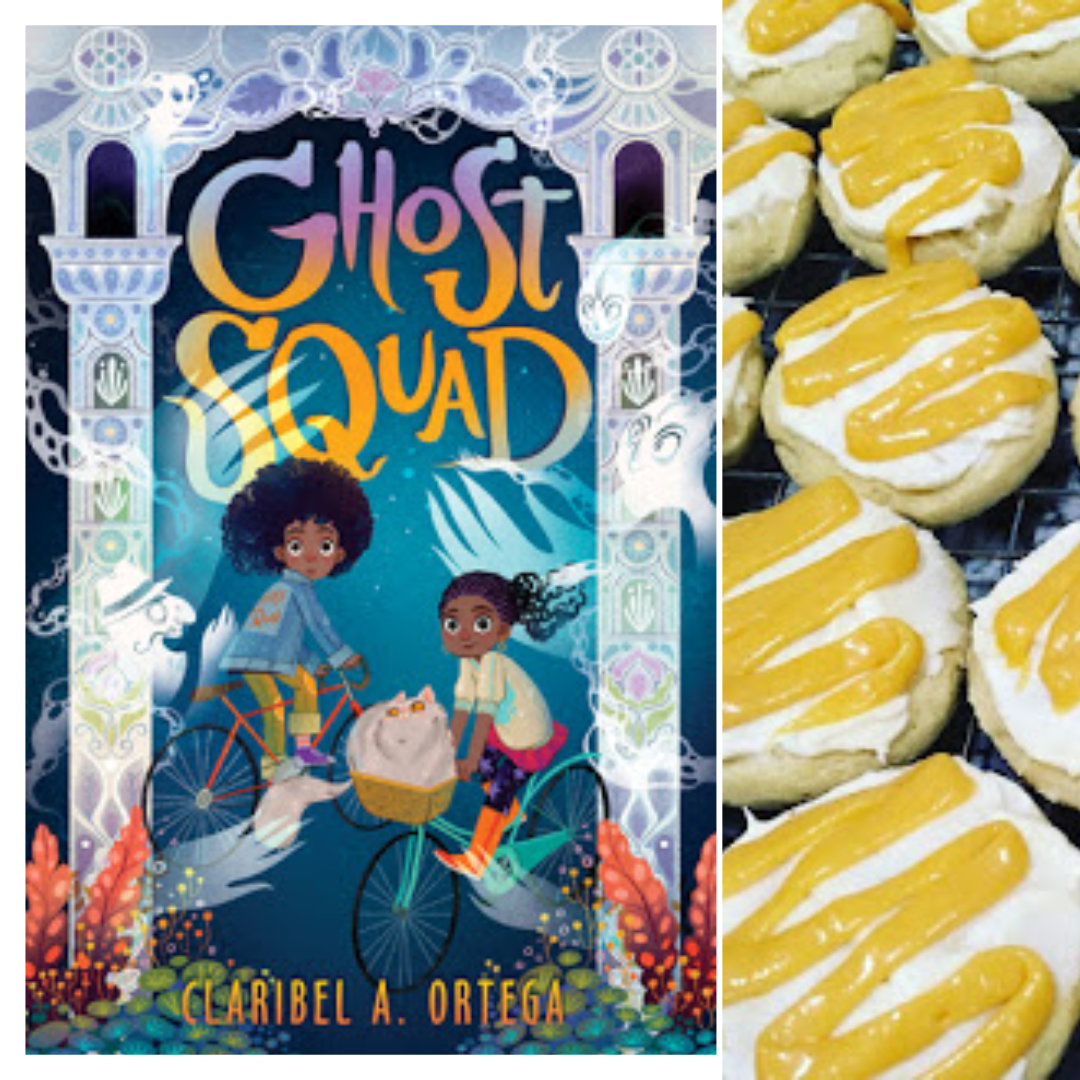 2 images, side-by-side: On the right is a close-up photo of a group of orange cookies with vanilla buttercream icing and a drizzle of orange glaze, and on the left is the cover of GHOST SQUAD by Claribel Ortega