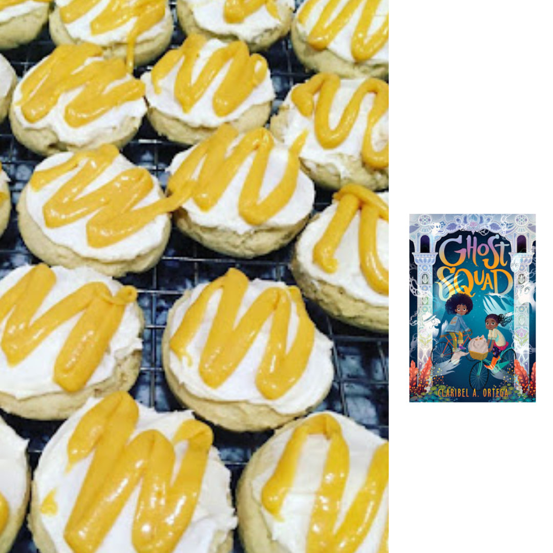 2 images, side-by-side: On the left is a close-up photo of a group of orange cookies with vanilla buttercream icing and a drizzle of orange glaze, and on the right is the cover of GHOST SQUAD by Claribel Ortega