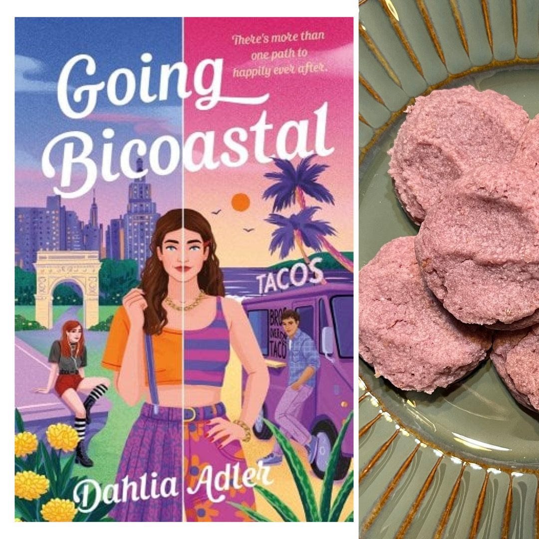 pink Raspberry Lemonade Cookies on a green plate, with the cover of GOING BICOASTAL by Dahlia Adler in the left-hand column