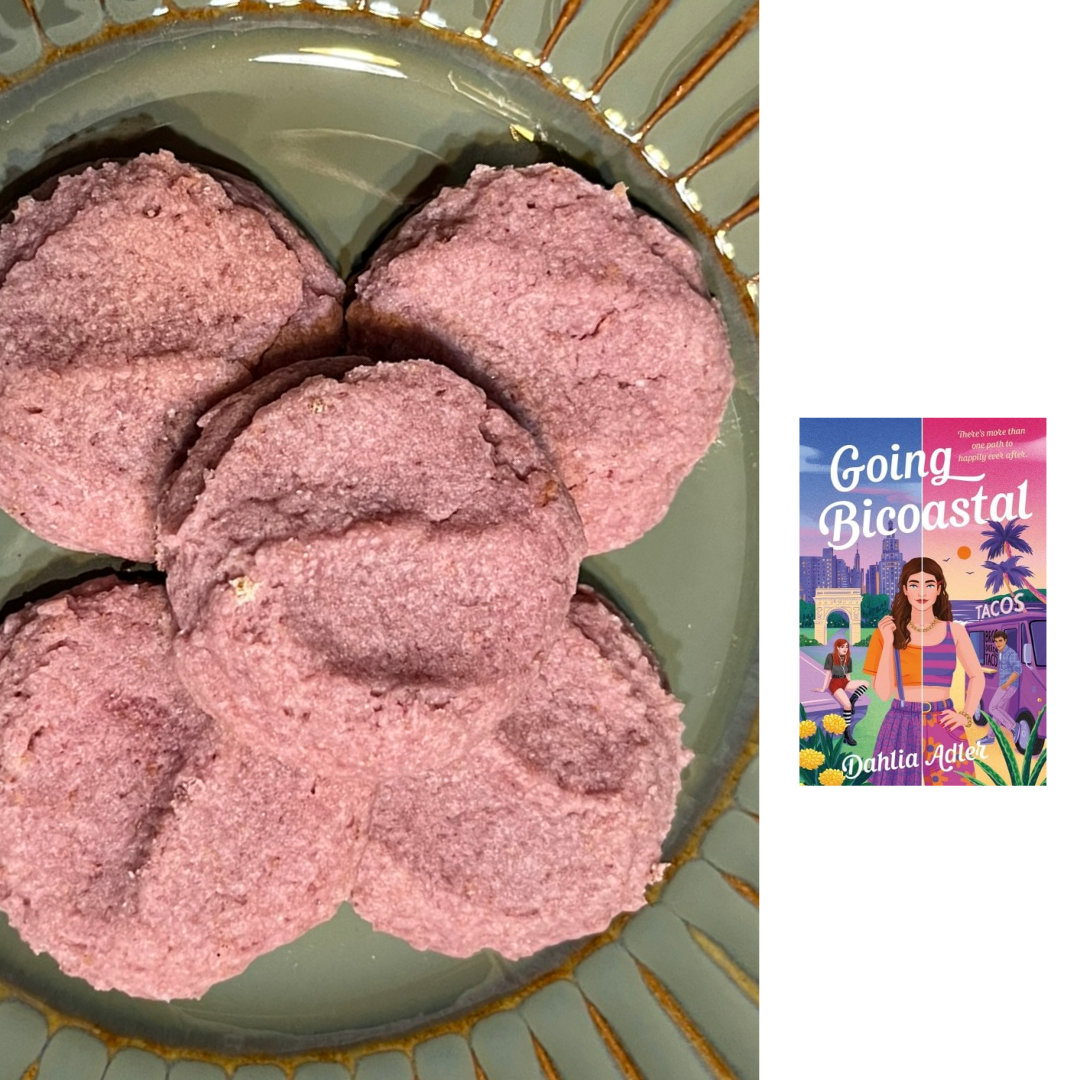 pink Raspberry Lemonade Cookies on a green plate, with the cover of GOING BICOASTAL by Dahlia Adler in the right-hand column
