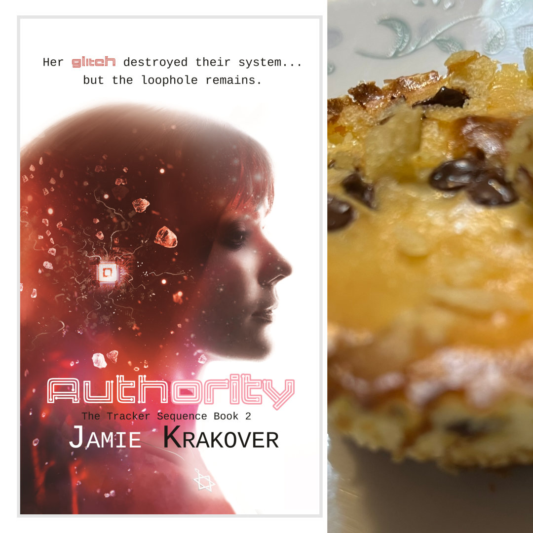 chocolate chip cheesecake with a broken chip cookie for a crust and crushed potato chips dusted on top on a white plate, with the cover of the YA novel AUTHORITY by Jamie Krakover in the left-hand column