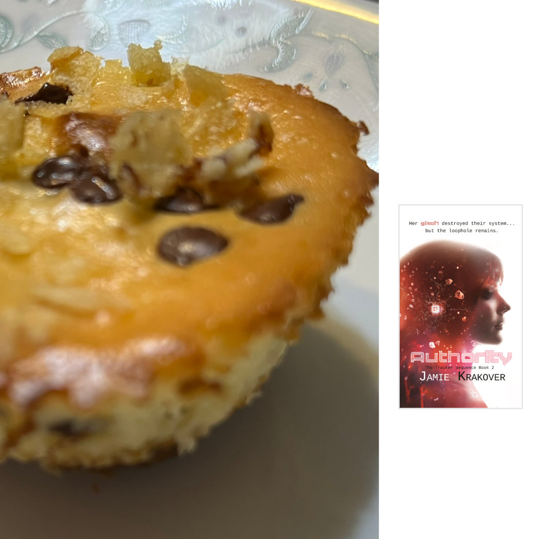 chocolate chip cheesecake with a broken chip cookie for a crust and crushed potato chips dusted on top on a white plate, with the cover of the YA novel AUTHORITY by Jamie Krakover in the right-hand column