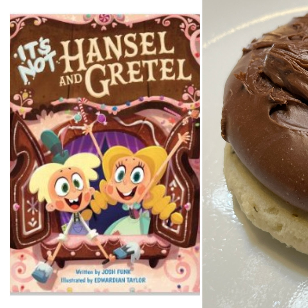 sugar cookie topped with a thick layer of fudge, with the cover of IT'S NOT HANSEL AND GRETEL by Josh Funk and Edwardian Taylor on the left side - 