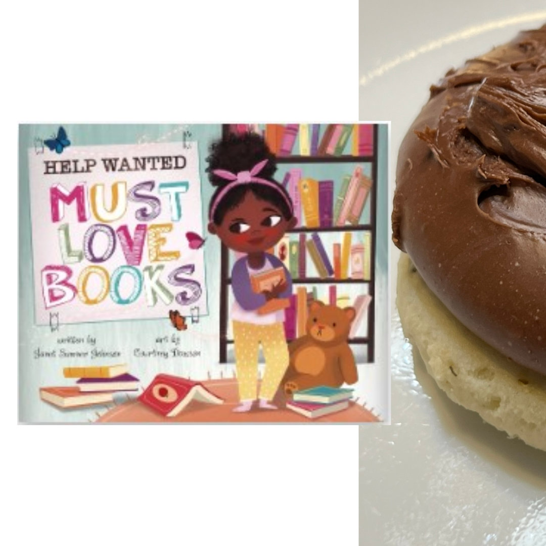 sugar cookie topped with a thick layer of fudge, with the cover of HELP WANTED, MUST LOVE BOOKS by Janet Sumner Johnson and Courtney Dawson on the left side - 