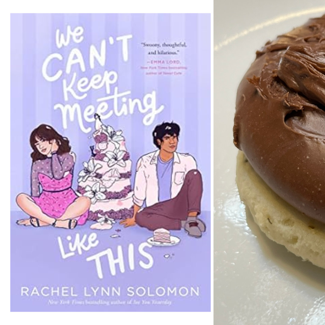 sugar cookie topped with a thick layer of fudge, with the cover of WE CAN'T KEEP MEETING LIKE THIS by Rachel Lynn Solomon on the left side - 