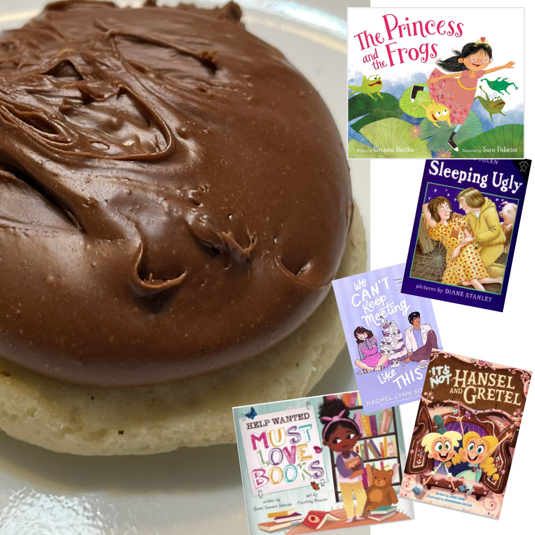 sugar cookie topped with a thick layer of fudge, with the covers of 5 books surrounding it on the right side - THE PRINCESS AND THE FROGS by Veronica Bartles and Sara Palacios, SLEEPING UGLY by Jane Yolen and Diane Stanley, WE CAN'T KEEP MEETING LIKE THIS by Rachel Lynn Solomon, IT'S NOT HANSEL AND GRETEL by Josh Funk and Edwardian Taylor, and HELP WANTED, MUST LOVE BOOKS by Janet Sumner Johnson and Courtney Dawson