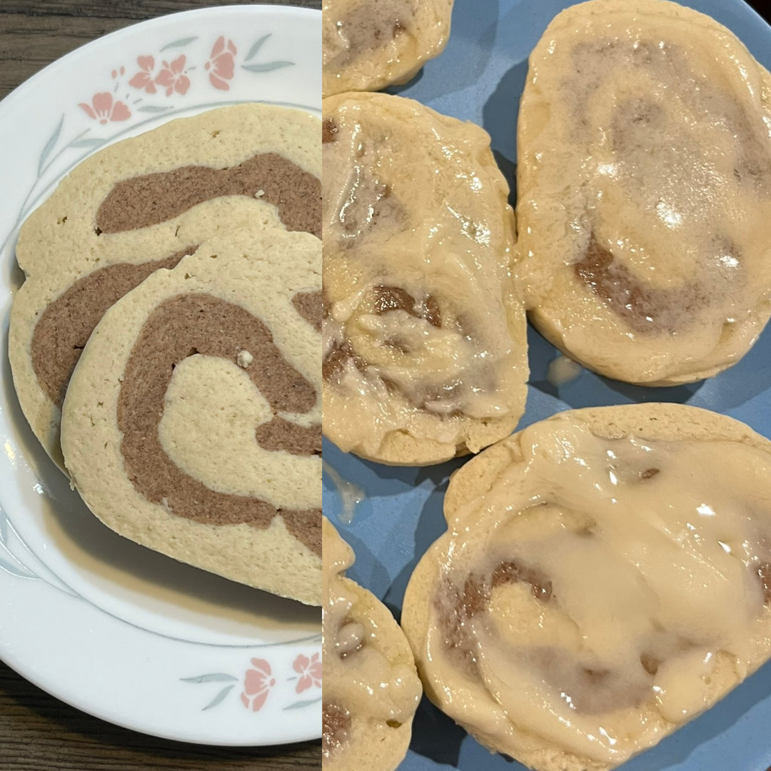 split image with unfrosted cinnamon roll sugar cookies on a white plate with pink flowers on the left and frosted cinnamon roll sugar cookies on a blue plate on the right