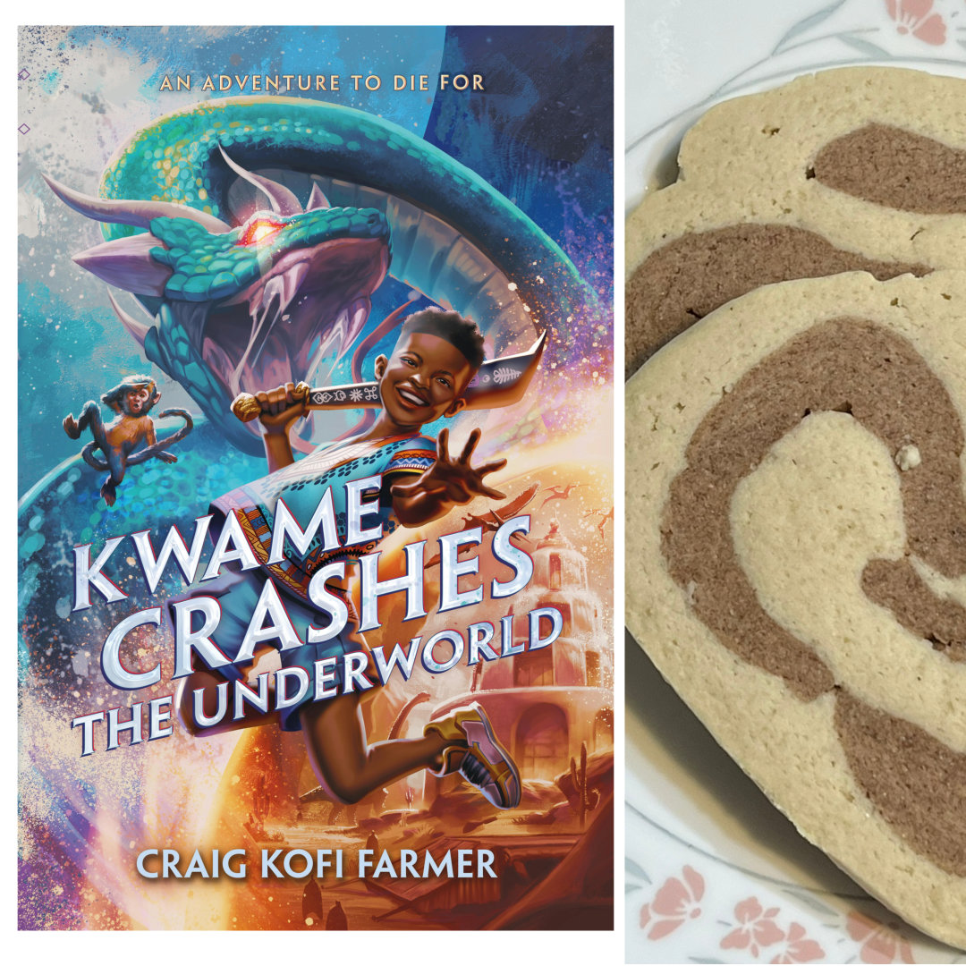 unfrosted cinnamon roll cookies on a white plate with the cover of KWAME CRASHES THE UNDERWORLD by Craig Kofi Farmer on the right of the photo