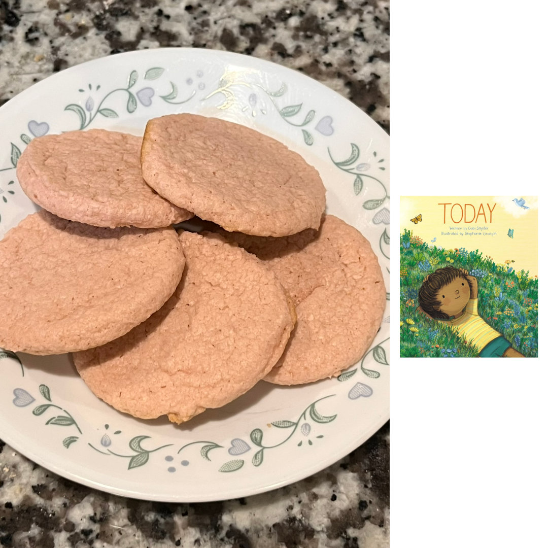 five pink Watermelon Lime Sugar Cookies on a white plate with a blue and green flower border on top of a granite countertop, with the cover of the picture book TODAY by Gabi Snyder and Stephanie Graegin against a white background on the right of the cookies