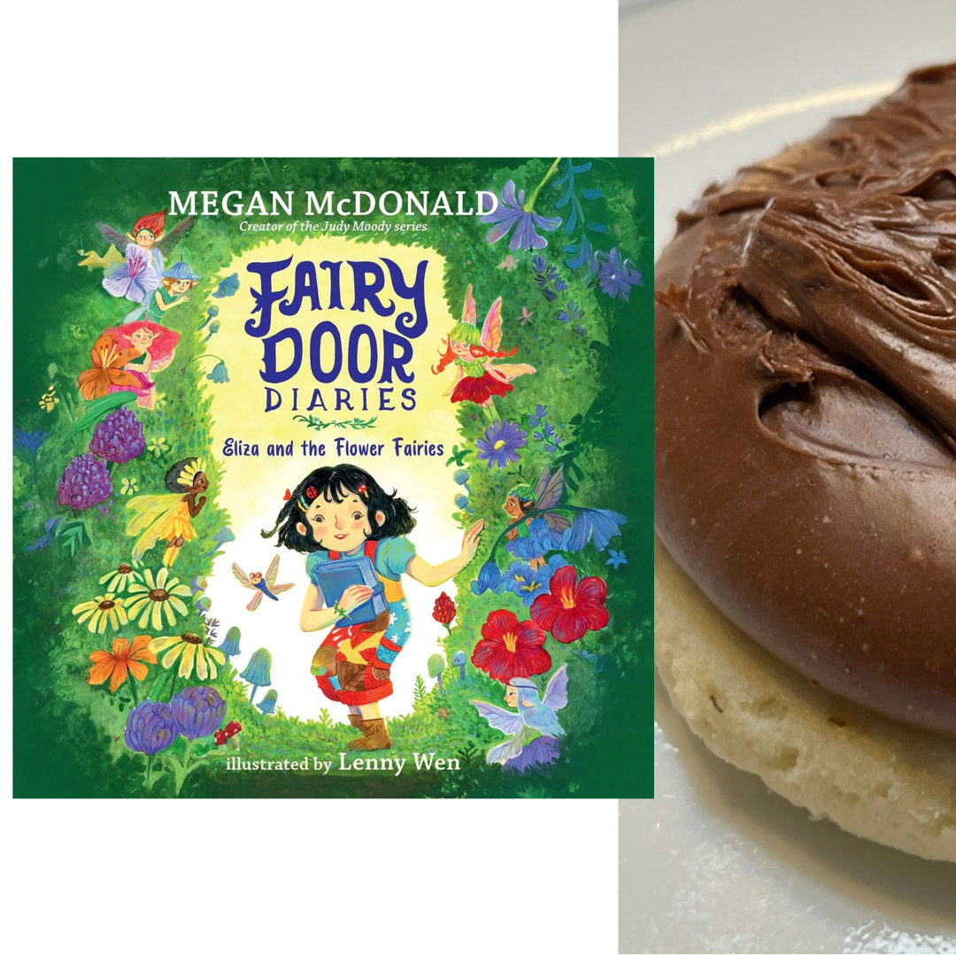 lavender chamomile sugar cookie topped with a thick layer of fudge, with the cover of FAIRY DOOR DIARIES: ELIZA AND THE FLOWER FAIRIES by Megan McDonald and Lenny Wen against a white background on the left of the cookies