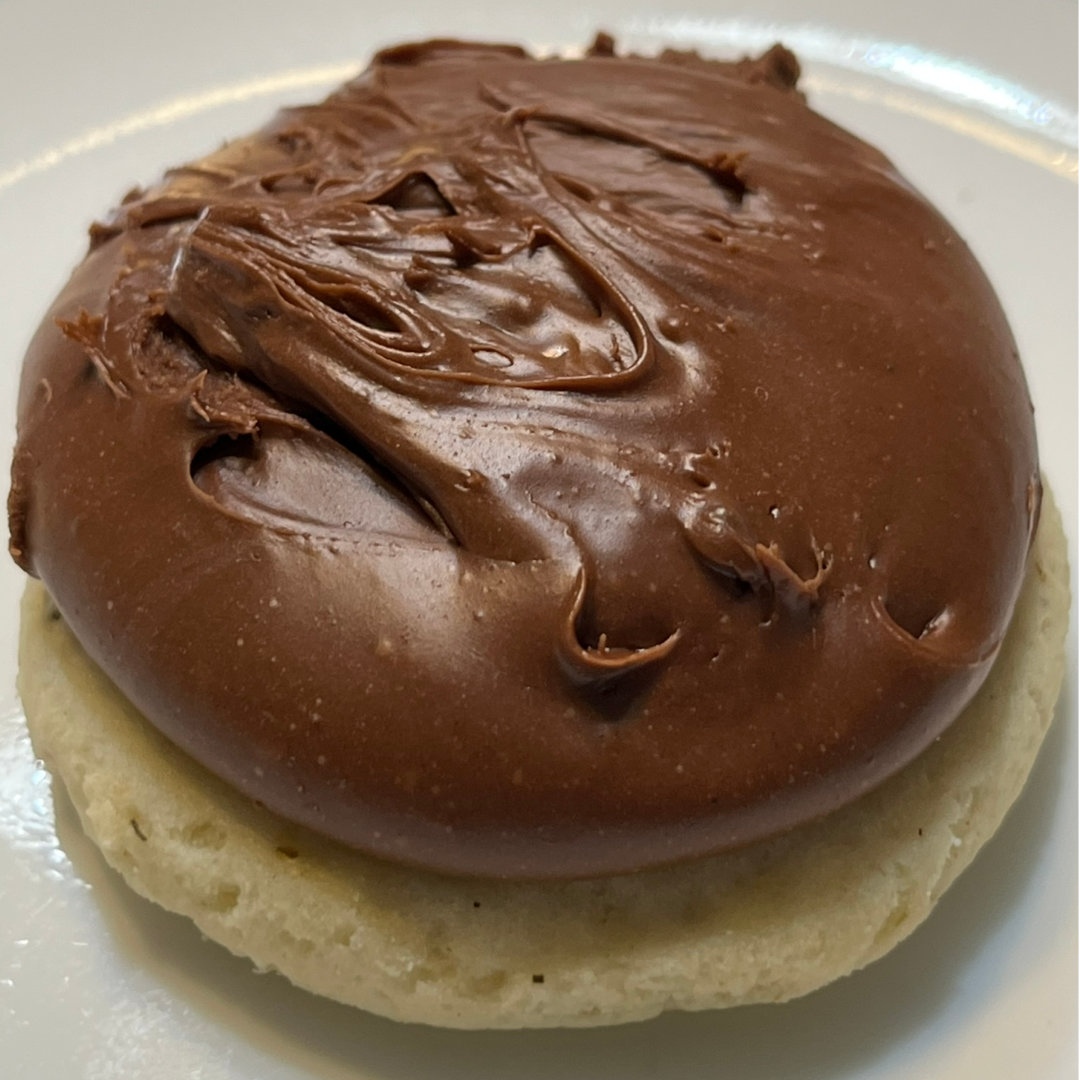 lavender chamomile sugar cookie topped with a thick layer of fudge