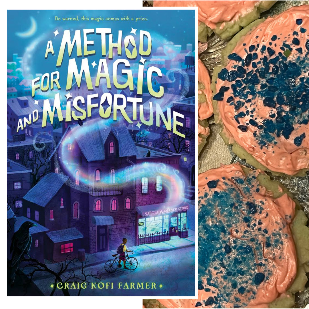 lime sugar cookies with strawberry frosting, topped with strawberry, cotton candy, and blue raspberry Pop Rocks candies, with the cover of A METHOD OF MAGIC AND MISFORTUNE by Craig Kofi Farmer against a white background on the left of the cookies