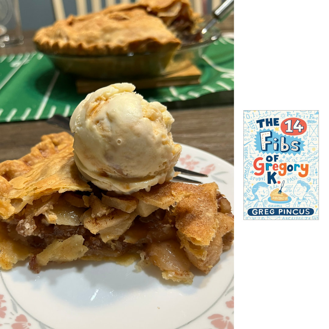 Close-up photo of a slice of Apple Walnut pie on a white plate with a pink and green floral border. The crust is flaky and golden brown, with sprinkles of cinnamon sugar, and there are multiple layers of apple slices and walnuts in the pie. There is a single scoop of slightly-melted caramel ice cream on top of the pie and a fork sitting next to it on the plate. In the background, slightly blurry on a wooden table top behind the pie slice, there is a pie dish with the rest of the pie, sitting in the middle of a green table runner. To the right of the pie photo, against a white background is the cover of THE 14 FIBS OF GREGORY K. by Greg Pincus: a white background with blue scribbles of math equations and other school notes doodled across the entire background. The title in colorful, orange and dark blue text fills the top 2/3 of the cover, with character drawings of Gregory K. (on the right) and his best friend Kelly (on the left) also doodled in blue in the bottom of 1/3 the image, just under the title and above the author's name. An illustration of a slice of pie is in between the two characters.