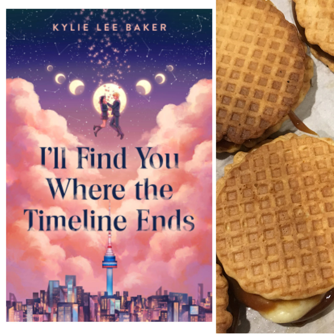cover of I'LL FIND YOU WHERE THE TIMELINE ENDS by Kylie Lee Baker - There's an illustration of a cityscape at the bottom of the image, with a tall, blue, white, and red tower in the center like a beacon. Above the cityscape is a layer of billowy, pink clouds behind the title, written in bold, serif text. The clouds open up to a starscape above them, including a moon in all its phases. The full moon is in the center, around the figures of a boy and a girl, who appear to be floating in the sky above the clouds. The waxing and waning phases of the moon are shown in progressively smaller circles to the right and left of the full moon, in a bit of a V shape. To the right of the book cover is a cropped photo of a close-up of Cheesecake Stroopwafel Cookies: 2 thin, vanilla waffle cone wafers with caramel and cheesecake filling sandwiched in between. The cookies are sitting close together on top of a sheet of parchment paper, and the caramel and cheesecake fillings are peeking out from between the wafers of each cookie sandwich.
