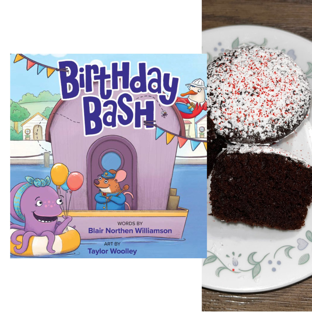 Cover of BIRTHDAY BASH by Blair Northen Williamson and Taylor Woolley. A small, brown, cartoon mouse in a captain's uniform stands on the deck of his purple houseboat, with streamers decorating the title. A purple octopus, wearing a blue headband, sits on a yellow and white pool floatie next to the houseboat, holding a bunch of balloons, and a seagull wearing a red polo shirt and white bucket hat sits on top of the houseboat roof. To the right of the cover image is a cropped photo of two dark chocolate cupcakes, dusted with powdered sugar and red sugar sprinkles, sit on a white plate with a green and blue floral border. One cupcake is cut in half, so you can see the detail of the crumb.