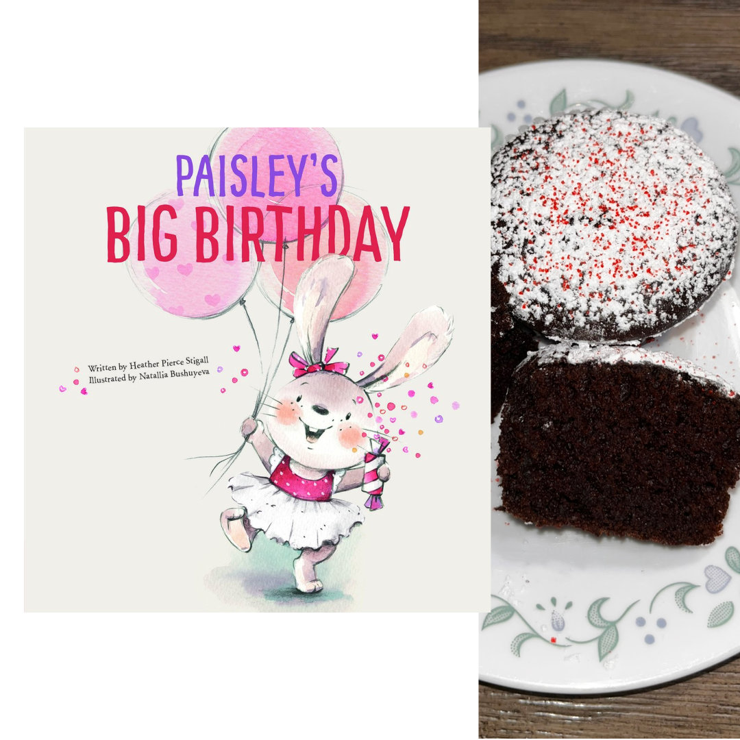 Cover of PAISLEY'S BIG BIRTHDAY by Heather Pierce Stigall and Natallia Bushuyeva. A little, grey bunny wearing a pink and white ruffly dress and a pink bow, stands against a white background. She holds a bunch of pink balloons in one hand and a pink and white striped party cracker in the other. The title is in tall, all-caps block letters in purple and dark pink over the balloon bunch. To the right of the cover image is a cropped photo of two dark chocolate cupcakes, dusted with powdered sugar and red sugar sprinkles, sit on a white plate with a green and blue floral border. One cupcake is cut in half, so you can see the detail of the crumb.