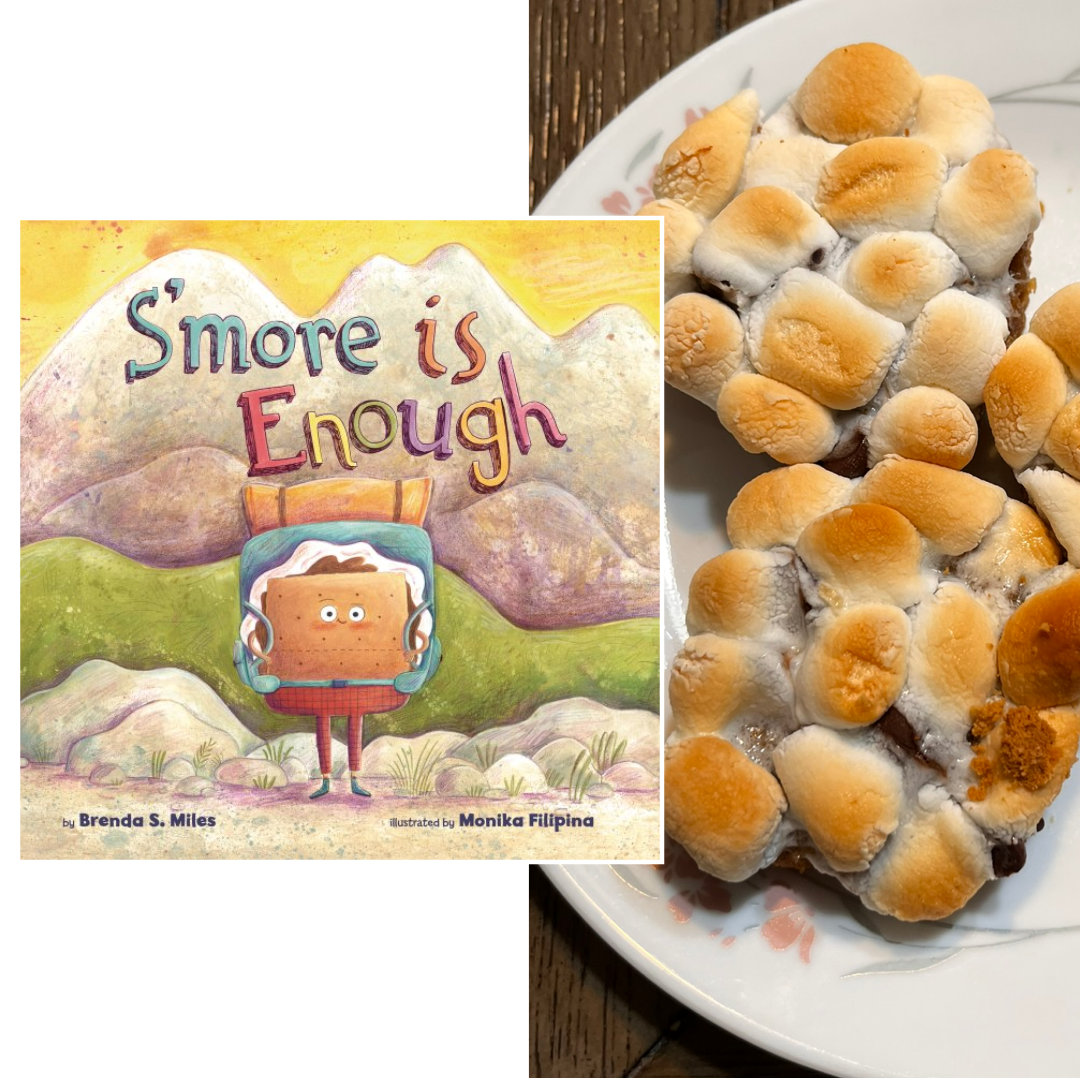 Cover of S'MORE IS ENOUGH by Brenda S. Miles and Monika Filipina. An illustrated, anthropomorphized s'more wearing red pants and a hiking backpack stands in front of a mountain landscape, ready for adventure. The title is written in colorful, playful block letters above his head. To the right of, and slightly overlapped by the cover image is a cropped, close-up photo of 3 S'mores Cookies on a white plate with a green and pink floral border. Each cookie has a molasses and honey sugar cookie crust, filled with dark chocolate and topped with approximately 12 perfectly-golden toasted mini marshmallows.