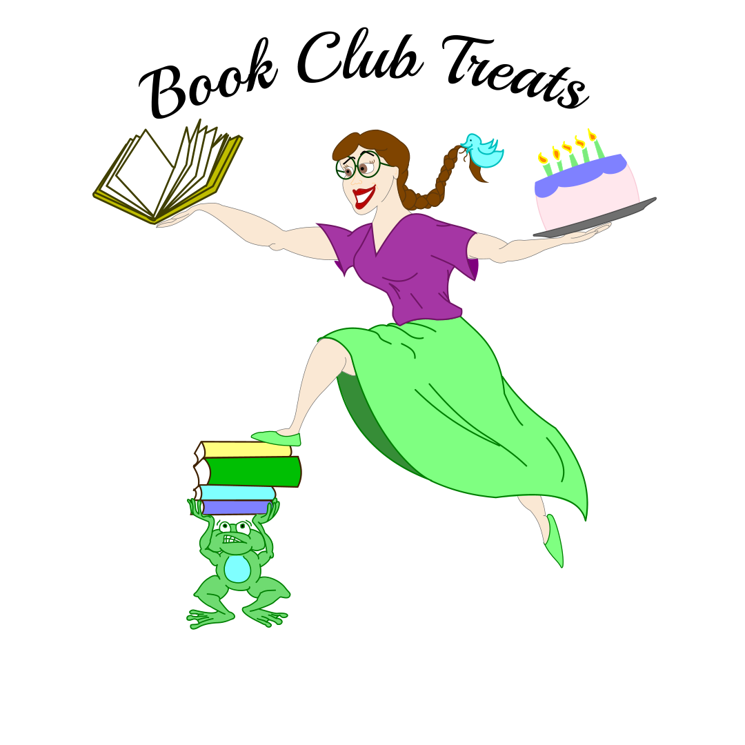 illustration of Veronica Bartles, wearing a purple top and green skirt, holding a book in one hand and a birthday cake in the other, stepping up onto a stack of books held aloft by a green frog with a blue belly. Above her head is written Book Club Treats in a flowing script