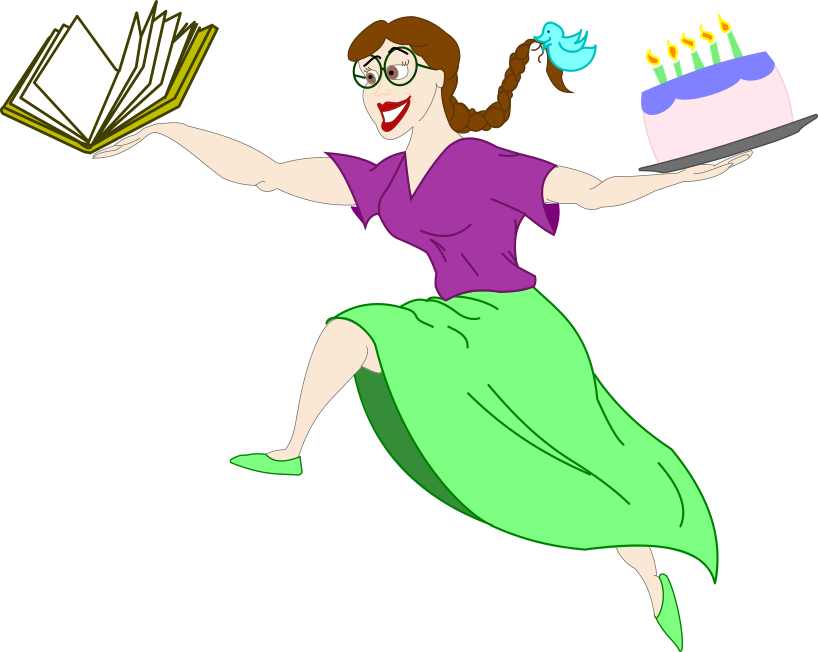 placeholder image for an upcoming post: illustration of Veronica Bartles, wearing a purple top and green skirt, running in from the right with a book in one hand and a cake with lit candles in the other