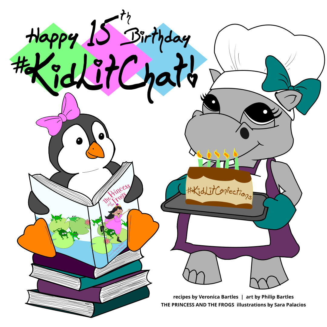 KidLit Confections in bold text above a cartoon penguin, sitting on a stack of books and reading THE PRINCESS AND THE FROGS by Veronica Bartles and Sara Palacios. A cartoon hippo in a chef's hat and apron, holding a tray with a birthday cake, stands next to her. Artwork by Philip Bartles
