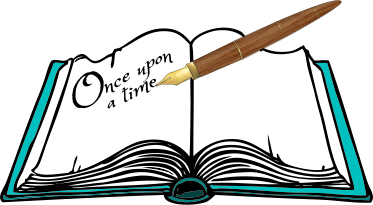illustration of an open book, with a calligraphy pen writing the words Once upon a time